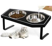 Ciotole per cibo per gatti rialzate, stile gotico, ciotole rialzate per gatti da interni, con supporto antiscivolo e tavola in bambù, ciotole per alimenti in acciaio inossidabile e adatte ai baffi