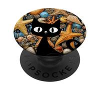 Ciottoli conchiglie e perle spiaggia animali marini stelle marine gatto nero PopSockets PopGrip Adesivo