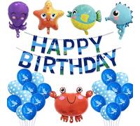CIOUYAOS Kit decorazioni compleanno, blu palloncini tema mare 5pcs foil palloncini animali 1 Stendardo, addobbi per compleanno bambina Ragazzi (25pcs)