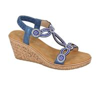 Cipriata Ora Sandalo Donna Con Zeppa Elasticizzata Gioiello Blu PU Slip On