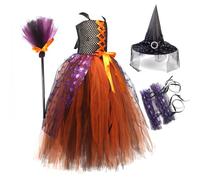 Cirache costumi da strega senza maniche vestito- abito da strega senza maniche con scopa cappello | Abito da strega in tulle a strati per bambini | Cosplay magico per ragazze | Bambino piccolo a 10