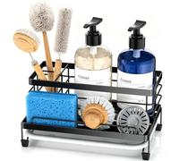 Cisily - Grande porta-spugna nero per cucina, organizer per bancone o lavello da cucina con vaschetta raccogligocce, antiruggine e antiscivolo, dispenser di sapone, essenziale per la nuova casa