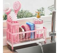 Cisily Portaspazzolino rosa in spugna per lavello da cucina, organizer per lavello con portaspazzolino alto in acciaio inossidabile 304, dispenser di sapone, organizer