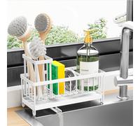 Cisily - Supporto per spugna per lavello da cucina, con porta spazzole rialzato, organizer in acciaio inossidabile 304 antiruggine, per dispenser di sapone, colore bianco
