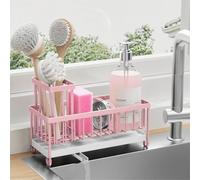 Cisily Supporto per spugna rosa per lavello da cucina, organizer per lavello con porta scopino alto, piano di lavoro della cucina, in acciaio inossidabile 304, dispenser di sapone da cucina e oggetti