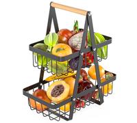 Cisivis Cestino per frutta a 2 ripiani, estraibile, per frutta, con manico in legno, 2 ripiani, in metallo, per pane, verdura, snack, per conservare in piedi frutta