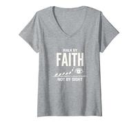 Citazione Cristiana ispiratrice Walk By Faith Not By Sight Maglietta con Collo a V, Donna, Grigio Melange, XXL