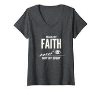 Citazione Cristiana ispiratrice Walk By Faith Not By Sight Maglietta con Collo a V, Donna, Grigio Scuro, XXL