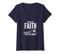Citazione Cristiana ispiratrice Walk By Faith Not By Sight Maglietta con Collo a V, Donna, Navy, M