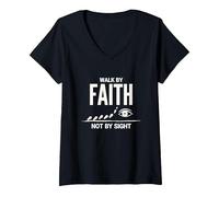 Citazione Cristiana ispiratrice Walk By Faith Not By Sight Maglietta con Collo a V, Donna, Nero, M