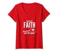 Citazione Cristiana ispiratrice Walk By Faith Not By Sight Maglietta con Collo a V, Donna, Rosso, M