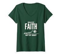 Citazione Cristiana ispiratrice Walk By Faith Not By Sight Maglietta con Collo a V, Donna, Verde Foresta, M