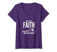 Citazione Cristiana ispiratrice Walk By Faith Not By Sight Maglietta con Collo a V, Donna, Viola, M