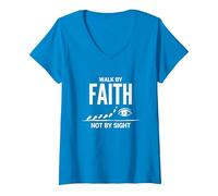 Citazione Cristiana ispiratrice Walk By Faith Not By Sight Maglietta con Collo a V, Donna, Zaffiro, XXL