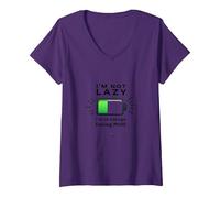 Citazione Divertente della Batteria I'm Not Lazy Energy Saving Mode Maglietta con Collo a V, Donna, Viola, M