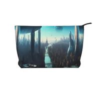 Cities of The Future - Borsa per il trucco in velluto a coste con chiusura a cerniera, multifunzione, 22 x 7 x 17 cm, per viaggi, campeggio, vacanze, fitness, Nero , Taglia unica