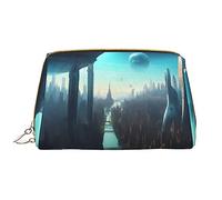 Cities Of The Future - Borsa per trucchi in pelle, grande, portatile, in pelle PVC, chiusura con cerniera, borsa da viaggio per articoli da toeletta, borsa da viaggio, bianca, taglia unica, bianco,