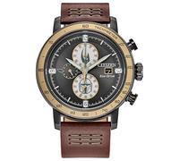CITIZEN Cronografo da uomo Eco-Drive Mandalorian, cassa in acciaio inossidabile bicolore placcata agli ioni da 44 mm con cinturino in pelle marrone e quadrante grigio (stile: CA0857-09W)