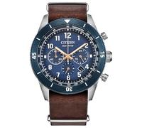 Citizen Cronografo Eco-Drive Terra Force da uomo, cassa in acciaio inossidabile argentato e cinturino in pelle marrone, Quadrante blu