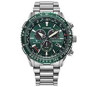 Citizen Eco-Drive Pilot - Orologio cronografo con cronometraggio atomico, 12/24 ore, riserva di carica, lancette luminose/indici, cristallo zaffiro, Cinturino argentato e quadrante verde, Cronografo