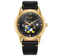Citizen Orologio da uomo Eco-Drive Disney Paperino, cinturino in pelle nera, quadrante nero, data (modello: AW1789-04W)