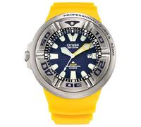 CITIZEN Orologio Promaster Dive Eco-Drive da uomo, datario a 3 lancette, cinturino in poliuretano, certificato ISO, cristallo curvo antiriflesso, cassa e corona a vite, cinturino giallo/quadrante blu,