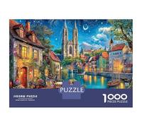 Città e cattedrale gotica Jigsaw Puzzle Impossible 1000 Pezzi Sponda del fiume sotto un cielo stellato Decorazione Per La Casa Per Adulti E Ragazzi Da 14 Anni 52x38cm/1000pcs