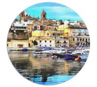 Città Portuale Mediterranea Puzzle 1000 Pezzi Rotondo Carta per Adulti Scena Acquatica