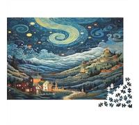 Città stellata difficile, puzzle 1000 pezzi per serata di gioco in famiglia, notte stellata, paesaggio di villaggio, premium spesso robusto alta qualità, stimolante, antistress, 38x26cm/1000pz