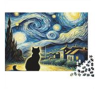 Città stellata, puzzle 1000 pezzi per adulti, gatto nero, notte stellata, villaggio, accogliente, premium alta qualità robusto, stimolante difficile, antistress, regalo familiare, 38x26cm/1000pz
