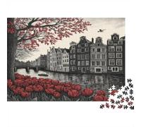 Città sul Canale Edifici Storici Puzzle 1000 Pezzi Carta per Adulti Paesaggio Tulipani Rossi Gioco di Puzzle 1000 Pezzi Relax Decorazione Famiglia 38x26cm/1000pcs