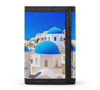 Città sull'isola di Santorini, Grecia Case e chiese famose Portafoglio a tre ante, elegante borsa con portachiavi, porta carte di credito per scontrini, ricevute, donne e uomini 5 x 3,3 x 0,2 pollici