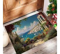 Città Sull'Isola Greca Zerbino Ingresso, 45 x 75 cm Tappeto Lavabile - Stile Dell'Europa Meridionale Tappetino Entrata Asciugapassi Antiscivolo per Interni ed Esterni Casa e Ufficio, Blu