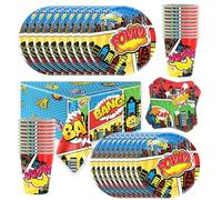 City Heroes - Set di stoviglie per feste, 61 pezzi, super eroi, piatti, tovaglioli, tazze, tovaglie, compleanni per bambini, decorazione per 20 persone
