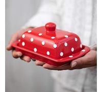 City to Cottage Portaburro con Coperchio Contenitore per Burro in Ceramica in Fantasia a Pois Rosso e Bianco Burriera Realizzata e Dipinta a Mano