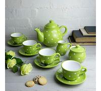 City to Cottage® Set da Tè con Teiera Grande da 1,7l, Bricco del Latte, Zuccheriera e 4 Tazze e Piattini con Fantasia a Pois Verde Lime e Bianco | Realizzato e Dipinto a Mano in Ceramica