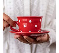 City to Cottage® Tazza con Piattino Rosso e Bianco | Fantasia con Puntini a Pois | Realizzata e Dipinta a Mano | Ceramica da 250ml | Tazzina da Caffè, Cappuccino e Tè con Piattino | Regalo
