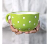 City to Cottage® Tazza Extra-Large da 500ml | Ciotola con Manico per Brodo, Zuppa, Cappuccino, Caffè Americano e Tè | Realizzata e Dipinta a Mano | Fantasia a Pois Verde Lime e Bianco | Idea Regalo