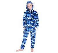 CityComfort Pigiama Intero Bambino Pigiamone di Pile con Cappuccio 7-14 Anni Pigiami Interi Bambini e Ragazzo Onesie Mimetico Gamer (13-14 Anni, Blu Camo)