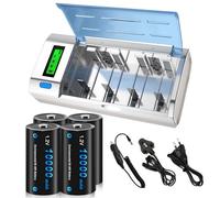 CITYORK Caricabatterie universale con display LCD con funzione di scarica per batterie AA, AAA, C, D, 9V NI-MH con 4 batterie NI-MH D da 10000 mAh