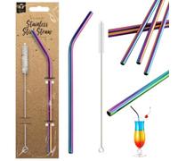 Citystores® 2 cannucce iridescenti arcobaleno in metallo con spazzola, in acciaio inox di alta qualità, riutilizzabili, con strumento di pulizia, ecologiche, durevoli, con detergente da viaggio, per
