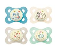 Ciucci in silicone MAM Original Night in set da 4, 0-6 mesi, fosforescenti al buio, delicati sui denti, incluse 2 scatole di trasporto sterilizzanti