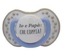 CIUCCIO SUCCHIETTO CELESTE AZZURRO PERSONALIZZATO CON FRASE IO E PAPA CHE COPPIA 6-12 MESI IN SILICONE REGALO BAMBINO NEONATO Brillabenny