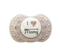 CIUCCIO SUCCHIETTO ROSA PERSONALIZZATO CON FRASE IO AMO MAMY TAGLIA 0-6 MESI SILICONE BAMBINA NEONATA I LOVE MUM Brillabenny