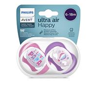 Ciuccio ultra air Philips Avent, per 6-18 mesi, ortodontico e senza BPA, 2 pezzi, custodia da trasporto/sterilizzazione inclusa, SCF080/04 Barca/Mongolfiera