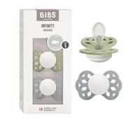 Ciucciotto Infinity simmetrico BIBS, confezione da 2, senza BPA. Fluorescente, Tettarella simmetrica. Silicone, Prodotto in Danimarca, Taglia 1 (0-6 mesi), Sage Glow/Cloud Glow