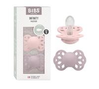 Ciucciotto Infinity simmetrico BIBS, confezione da 2, senza BPA, tettarella simmetrica in silicone, Tettarella simmetrica. Silicone, Prodotto in Danimarca, Misura 1 (0-6 mesi), Blossom/Dusky Lilac