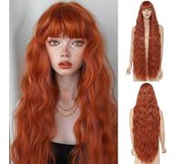 Civrie Parrucca da donna con frangia, 101 cm, con frangia arancione lunga, capelli ondulati, dall'aspetto naturale, capelli sintetici resistenti al calore, parrucca per feste quotidiane e Halloween