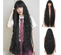 Civrie Parrucca lunga ondulata con frangia, da donna, capelli sintetici dall'aspetto naturale, resistenti al calore, per feste quotidiane e Halloween (100 cm)