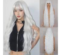 Civrie Parrucca lunga ondulata con frangia, da donna, parrucca lunga bianca, capelli sintetici dall'aspetto naturale, resistenti al calore, parrucca per feste quotidiane e Halloween (100 cm)